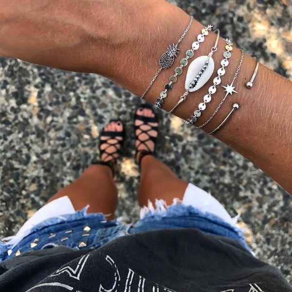 6pcs / set boho retro bracelet kpop jewelry pulseras couple gift for friends bijoux accessories luxury metal charm bracelets, Golden;silver